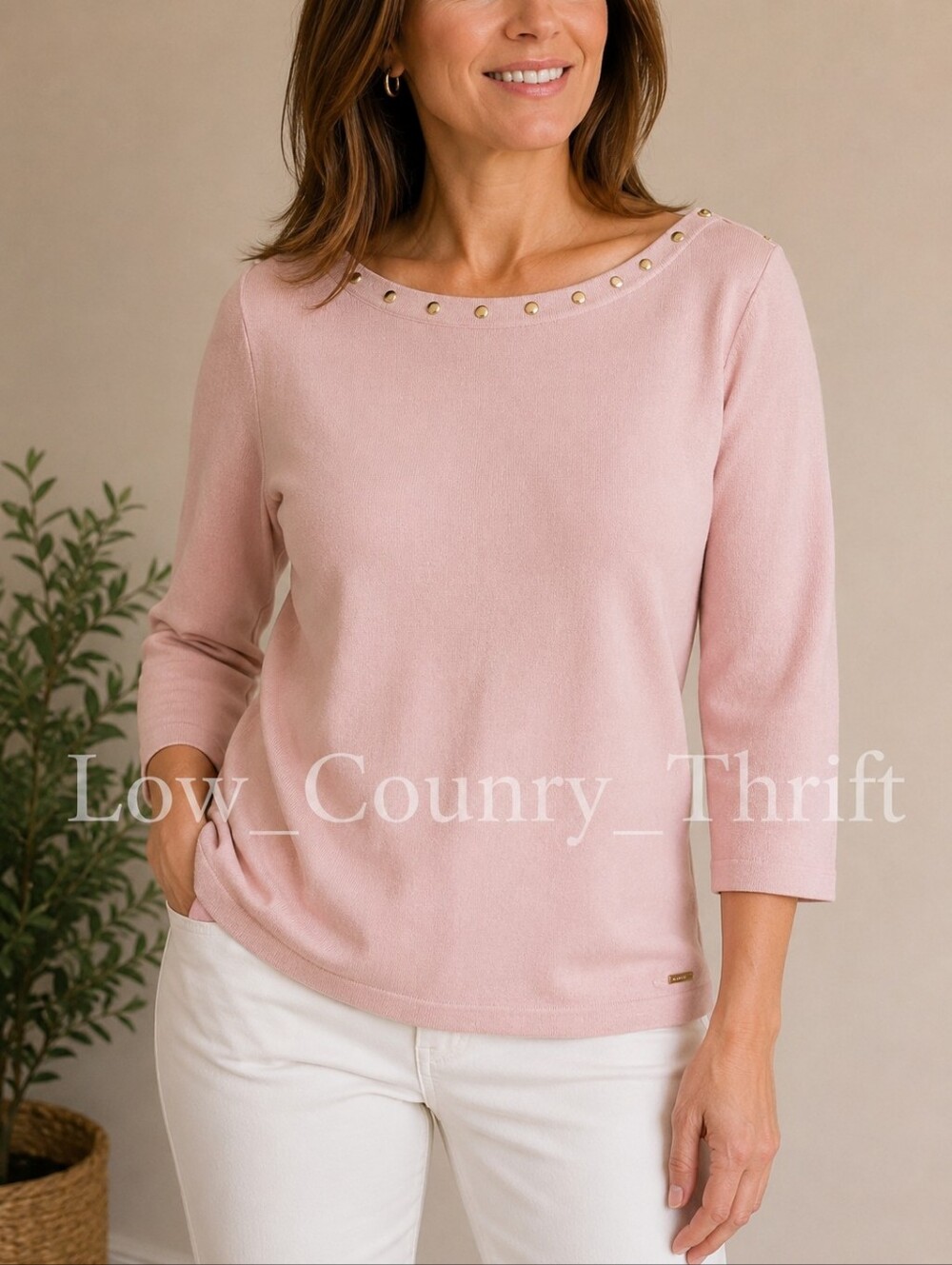 Calvin Klein Pink Sweater Women's L Gold Stud Boat Neck 3/4 Sleeve